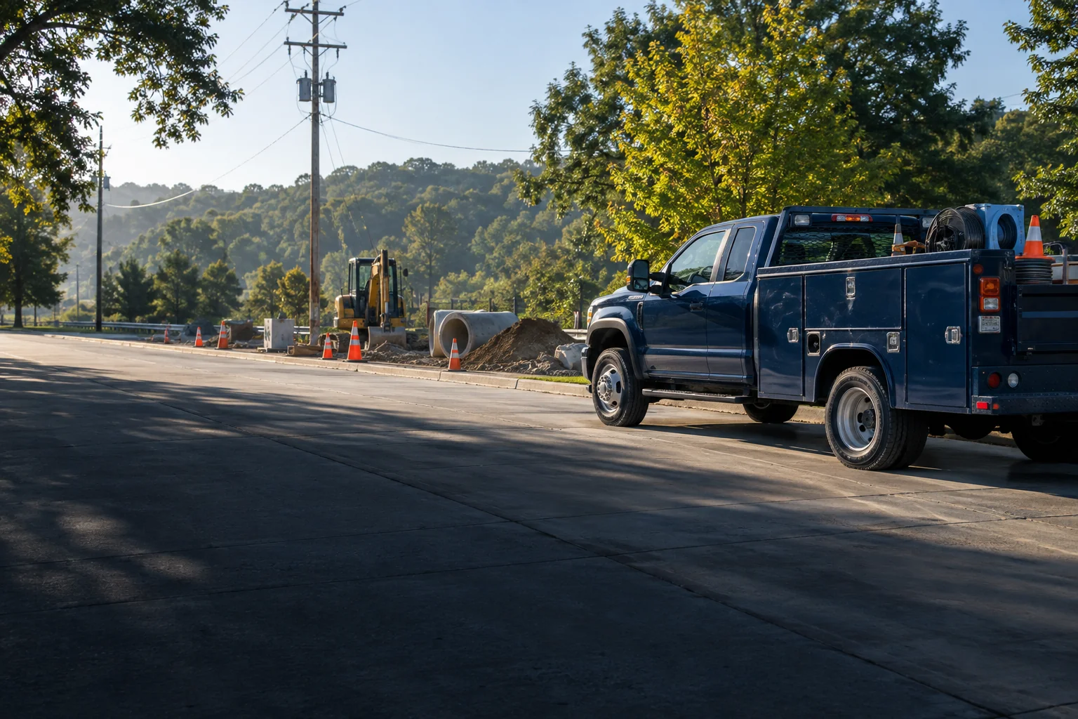 Illustrative navy utility truck beside a roadside civil works site