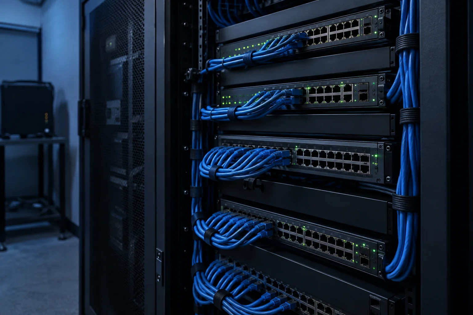 Illustrative network cabinet with organized blue patch cables and switches
