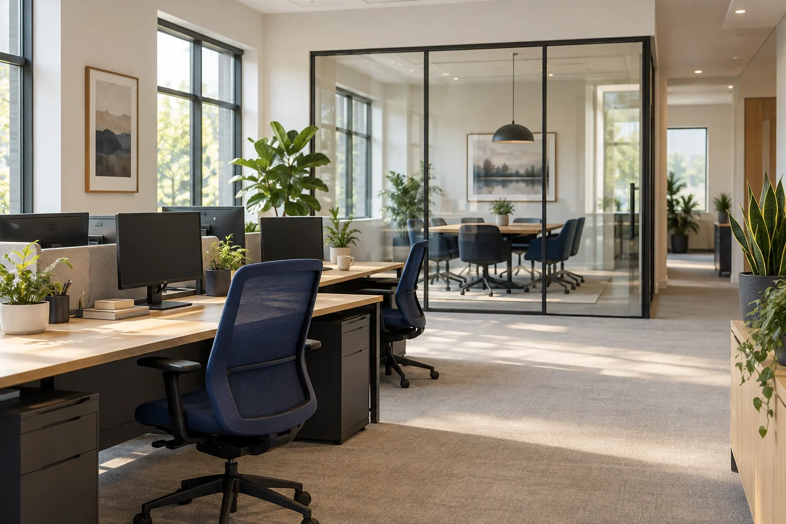 Illustrative light-filled workspace with shared desks and meeting areas